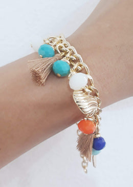Pulseira Color Franja. DESCRIÇÃO DO PRODUTO:Marca: FEITO A MÃO BIJUTERIAS FINASMateriais: pérola de resina e bolas em absb no tom rose - cristal espelhado no tom lilás -... 
