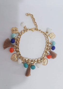 Pulseira Color Franja. DESCRIÇÃO DO PRODUTO:Marca: FEITO A MÃO BIJUTERIAS FINASMateriais: pérola de resina e bolas em absb no tom rose - cristal espelhado no tom lilás -... 