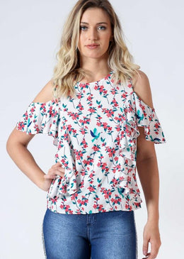 Blusa de viscose com abertura nos ombros e estampada com babados. Invista em estampas florais para curtir a estaçãoDica: para produções de trabalho nos dias... 
