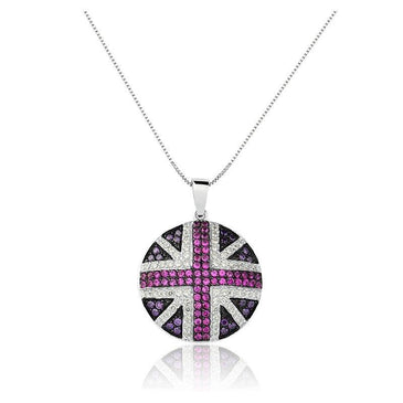 Colar em prata 925 revestido com pingente da bandeira da Inglaterra com micro cravação de zircônias cristal, rubi e ametista.Comprimento corrente: 40cm 