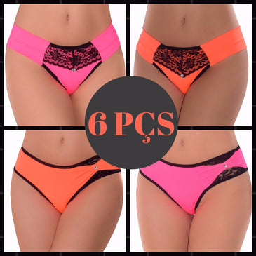 Kit Calcinhas Neon com 6 peças. Três modelos de calcinhas em microfibra fluorescente que estão na Moda Alto Verão. Modelos com detalhes em renda pra... 