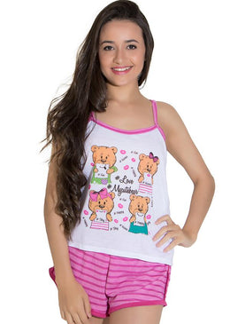 Lindo babydoll confeccionado em tecido levinho, confortável e suave. Camiseta estampada, com alças e acabamento em viés, decote discreto. Shortinho listrado, com cós de elástico... 