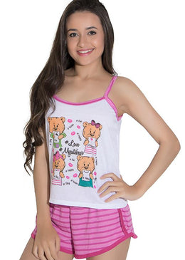 Lindo babydoll confeccionado em tecido levinho, confortável e suave. Camiseta estampada, com alças e acabamento em viés, decote discreto. Shortinho listrado, com cós de elástico... 