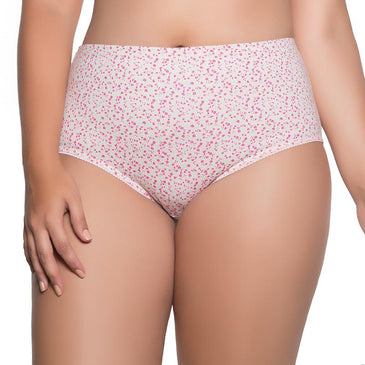 Calcinha alta em cotton estampado, elástico biquinho nas pernas e 
embutido na cintura, um modelo clássico desenvolvido para dar conforto e
 segurança. 