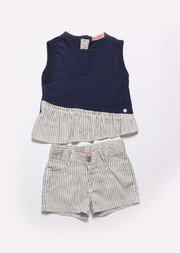 Conjunto infantil, perfeito para ser usado em dias ensolarados.Blusa com fecho nas costas em botão.SKU: CJT126Composição: Blusa: 93% Viscose| 7% ElastanoShorts: 96% Viscose | 4% Elastano ... 