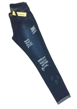 Calça jeans esponjada destroyed médio com detalhe de rasgos e puídos na frente - pesponto azul marinho - cintura média - com passantes e dois... 