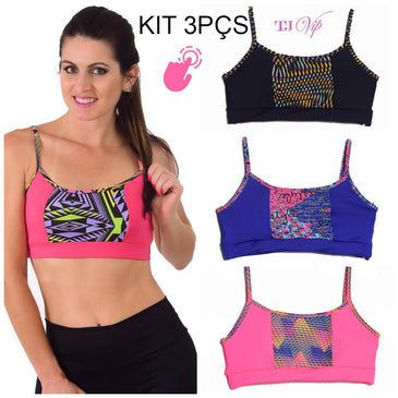 Kit 3 peças Top Fitness sem bojo fabricado em suplex de poliéster liso com detalhe em suplex estampado na frente e nas alcinhas. Acompanhando as... 