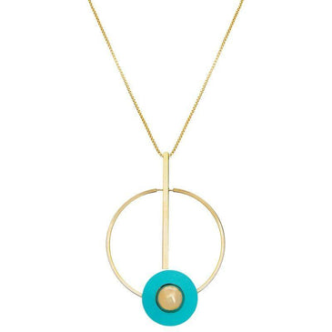   Colar Alice folheado a ouro 18k, com pingente redondo vazado em metal e aplicação de acrílico redondo.Cores: Dourado e turquesa. Comprimento colar: 80cm Características:-... 