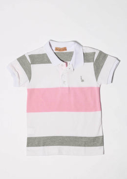 Conjunto infantil para meninos, ideal para usar em dias ensolarados. Camisa polo tricolor com gola e fecho em botão. Bermuda simples, com fecho em botão e bolso... 