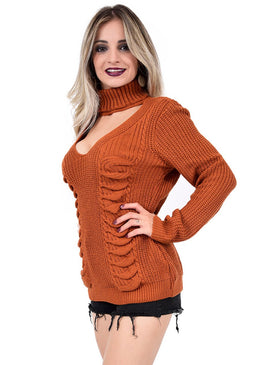 Blusa tricot com decote V gola choker alta trançada frente .                         Tamanho único.   ... 