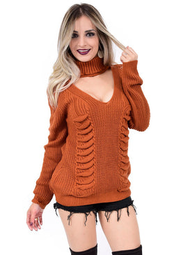 Blusa tricot com decote V gola choker alta trançada frente .                         Tamanho único.   ... 