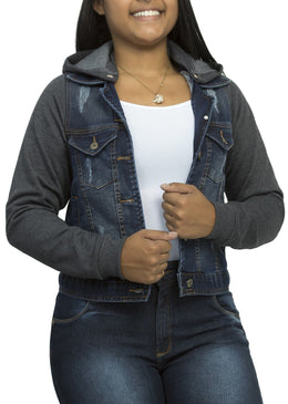 Jaqueta Jeans com Manga e Capuz de Moleton Feminina, Colete de 80% Algodão 18% Poliéster e 2% Elastano; Manga e Capuz com 88% Algodão e... 