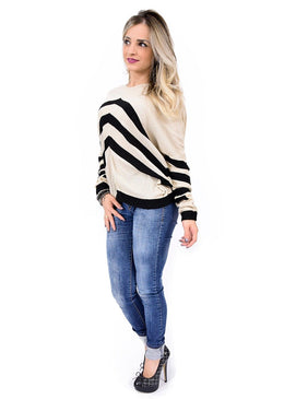 Blusa tricô decote V listrada com caimento super despojado  Composição 100% ACRÍLICO                            ... 