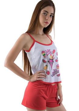 Babydoll confeccionado em malha tecido levinho, confortável e com ótimo caimento. Camiseta estampada, alças e acabamento em viés, o shortinho com tecido liso.Composição:100% Poliéster. 