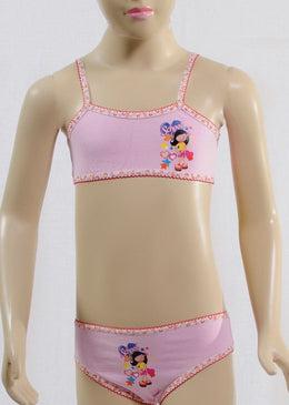  Conjunto infantil de cotton liso com viés estampado e estampa de transfer. O soutien é modelo básico, de cotton liso, sem bojo, com viés estampado,... 