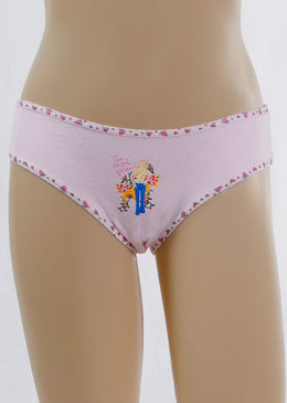 Calcinha infantil de cotton liso com viés estampado e estampa de transfer. O cotton é um tecido confortável e que absorve o suor, evitando assaduras.... 