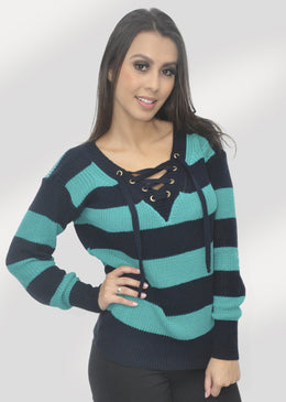 Blusa Listrada Tricot Ilhós frente Composição 100%  