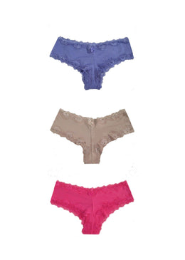 Kit contendo 3 calcinhas em renda.Linda calcinha em Microfibra e Elastano com Renda Glamour em Poliamida e Forro de Algodão.Sensual, confortável e anatômica.Composição: 90% Poliéster... 
