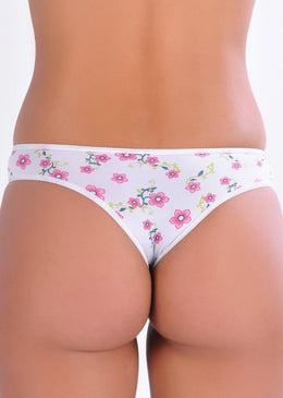 Calcinha de microlight estampada com abutilon no cós na frente, fio, viés liso e laço de cetim com pedrinhas de flor. A microlight é um... 