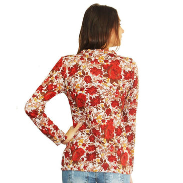  Casaco confeccionado em tecido de poliester e elastano. Estampado floral, com cores predominantes em cinza, amarelo, vinho  e vermelho, acabamento em costura no tom,com bolsos... 