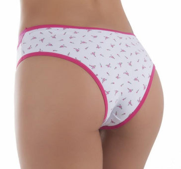 Calcinha confeccionada em cotton estampado e renda com fios metálicos na cintura, elástico sanduíche, os detalhes são os lacinhos em cetim com pedrinha combinando com... 