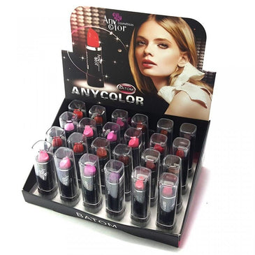 Batom Any Color 1256 Display com 24 unidades Batons cremosos, em uma embalagem prática e cores indispensáveis que não podem faltar dentro da sua necessarie.... 