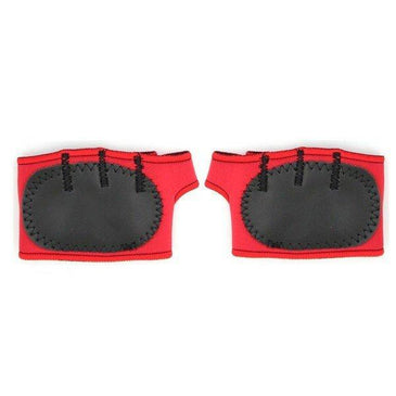 Protetor palmar para musculação confeccionado em neoprene vermelho.  