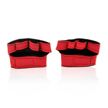 Protetor palmar para musculação confeccionado em neoprene vermelho.  