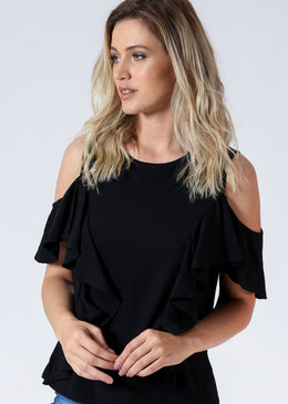 Blusa de viscose open shoulder  com babados.Dica: para produções de trabalho nos dias ensolarados. Tabela de medidas: P= 36M= 38G= 40GG= 42Composição: 100% Viscose 