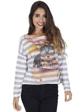 O modelo tem padronagem listrada. A parte frontal estampada . O decote é redondo com as mangas longas com barra dobrada.COMPOSIÇÃO: 100% Poliester 