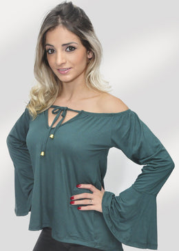Blusa ombro a ombro fabricado em tecido visco lycra super macio ao corpo manga flare com cordão e ponteira Composição 96% Viscose 4% Elastano  