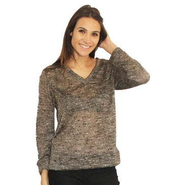 Blusa confeccionada em poliéster, elastano, e metalizado, para garantir a diferenciação da peça. Lisa, gola V com manga longa.É sempre bom investir em uma peça... 