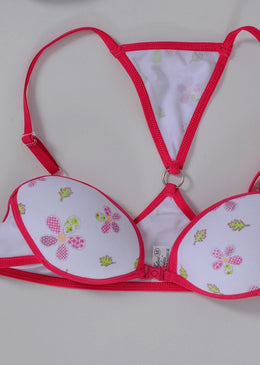 Soutien juvenil de microlight estampada no bojo e lisa na pala, nadador fino com argola e triângulo acima de microlight estampada, bojo casquinha, viés liso... 