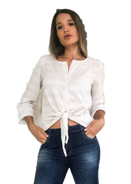 Blusa manga longa com elástico nas mangas, com amarração na frente, tecido listrado em duas cores de linho, blusa coringa para dias frescos.Composição:80% Viscose13% Linho7%... 