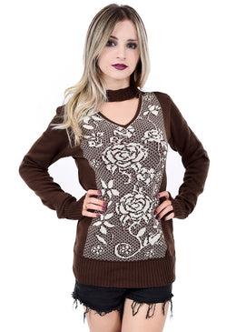 Blusa tricot estampada floral frente gola choker punho . Modelagem ajustada ao corte.    Tamanho único.CONFECCIONADA EM 100% ACRÍLICO.        