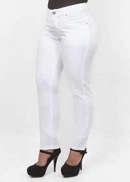 Calça Jeans Cintura Alta Feminina Confort Branca. Composição de 98% Algodão e 2% Elastano 