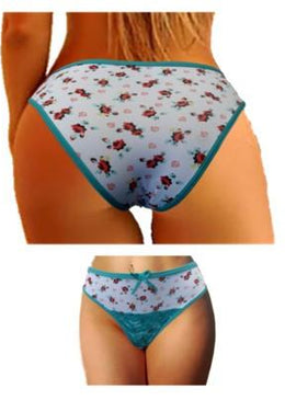 Calcinha em estilo Tangão estampadacom vaiação de renda e vies nas cores  