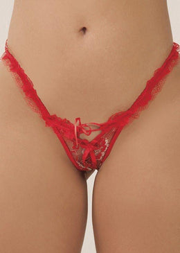 Calcinha fio dental de renda e romantic, renda franzida no cós, com viés liso e flor de cetim. A renda é um tecido transparente, delicado,... 