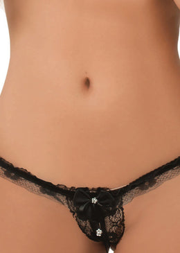 Calcinha fio dental de renda, renda franzida no cós, com viés liso e flor de cetim. A renda é um tecido transparente, delicado, fino e... 