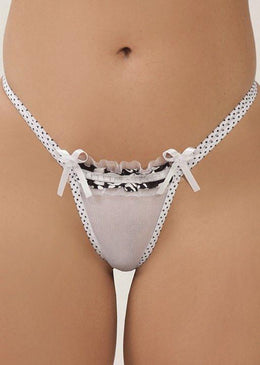 Calcinha fio dental de tule, com viés estampado, duas tiras nas laterais, abutilon na frente e   laço de cetim. O tule é um tecido fino,... 