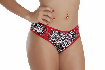 TANGA CONFECCIONADA EM MICROFIBRA ESTAMPADA, ACABAMENTO EM ELÁSTICO, DETALHE EM RENDA. 