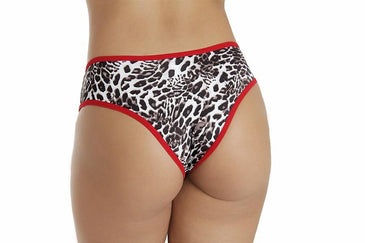 TANGA CONFECCIONADA EM MICROFIBRA ESTAMPADA, ACABAMENTO EM ELÁSTICO, DETALHE EM RENDA. 