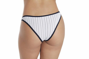 TANGA SAMANTA CONFECCIONADA EM TECIDO RISCA DE GIZ, LATERAL REBATIDA EM ELÁSTICO, COM UM DETALHE NA FRENTE, SUPER CONFORTÁVEL. 