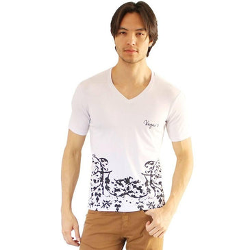 Camiseta estampada gola V. Malha fria 96%vicose 4%elastano 