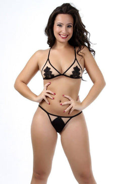 Conjunto de tule invisível e viés.  Cor da foto: PRETO Composição: 63% Poliamida + 37% Elastano, forro da calcinha 100% algodão.  