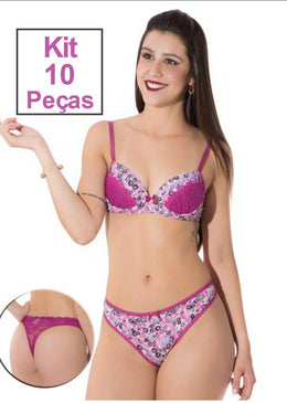 Kit de conjuntos em microfibra estampada e renda. Sutiã com bojo, calcinha em modelagem fio dental sendo a parte de trás em renda. Um kit de... 