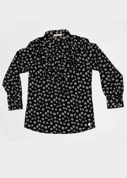 Camisa preta com estampa corrida de flores e fecho em botões frontais.SKU: CMDKM36Composição: 97% Poliéster | 3% Elastano TABELA DE EQUIVALÊNCIA TAMANHO EQUIVALE A: P... 
