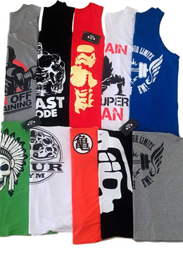 Kit 10 Regatas Estampadas Será enviado tamanhos VARIADOS.NÃO REPETIMOS ESTAMPAS! Estampa Feita em SilkScreenTecido de ViscoLycra  COM ACABAMENTO NA GOLA, MANGAS E BARRA  Tamanhos M e G- M /... 
