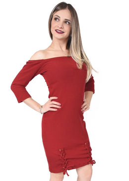 vestido ombro a ombro ribana com detalhe ilhós pernamodelagem ajustada ao corpo.                           ... 