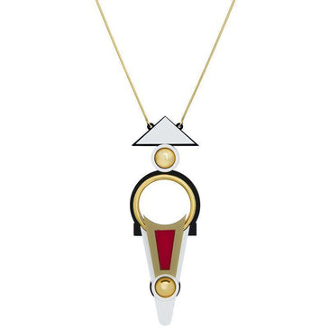 Colar  Frida folheado a ouro 18k, pingente com ponta em triângulo invertido em acrílico com aro em metal e cabochão triangulo em acrílico.Cores: Vermelho e... 